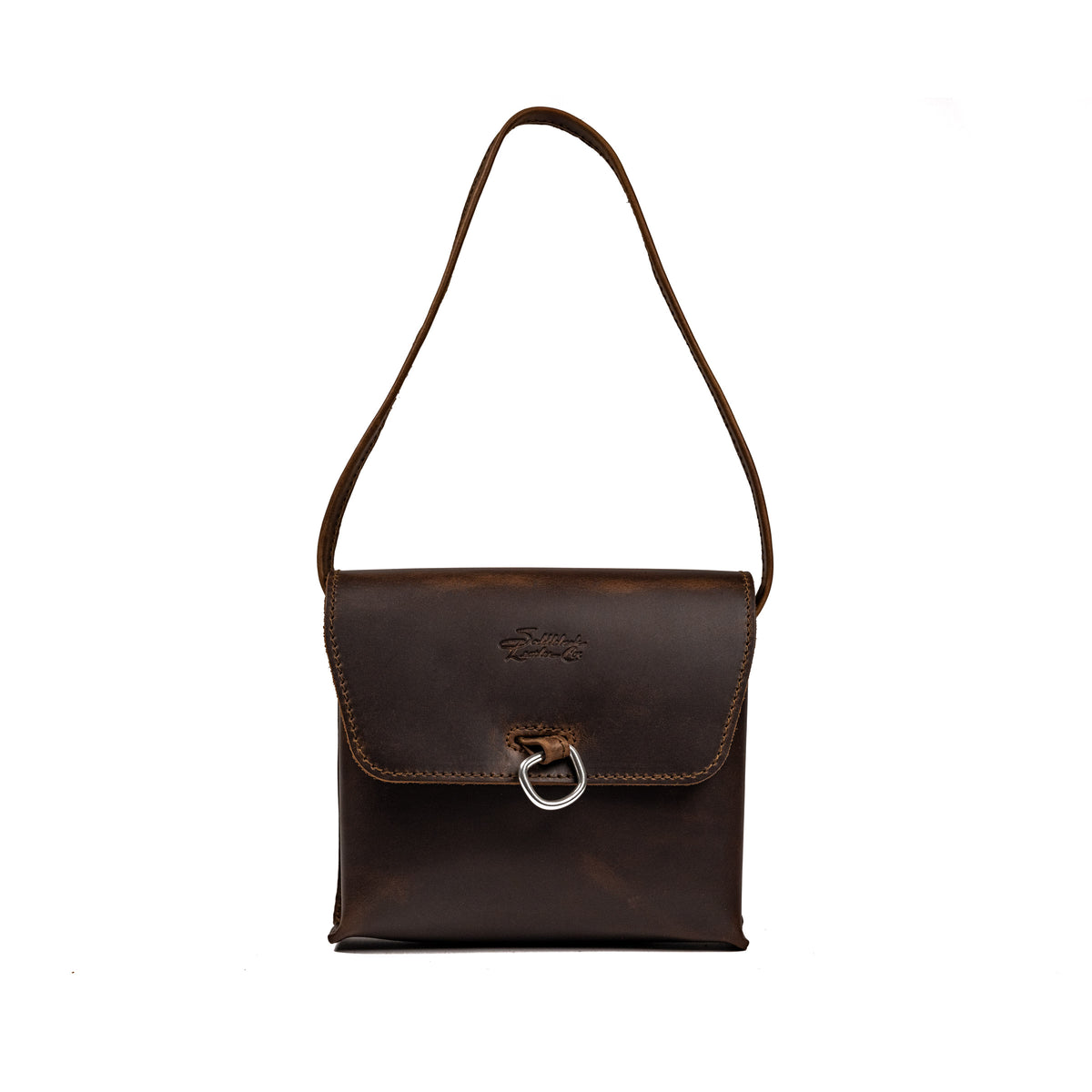 Leather Organizer Bag in Dark Coffee Brown, front view hanging from its strap with flap and metal ring closure