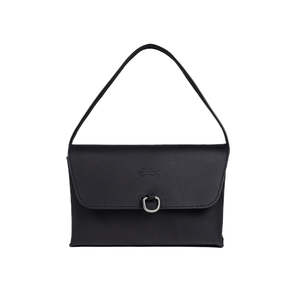Large Leather Organizer Bag in Black, tie looped up as a carry handle, metal ring on the closed flap