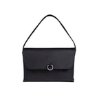 Large Leather Organizer Bag in Black, tie looped up as a carry handle, metal ring on the closed flap