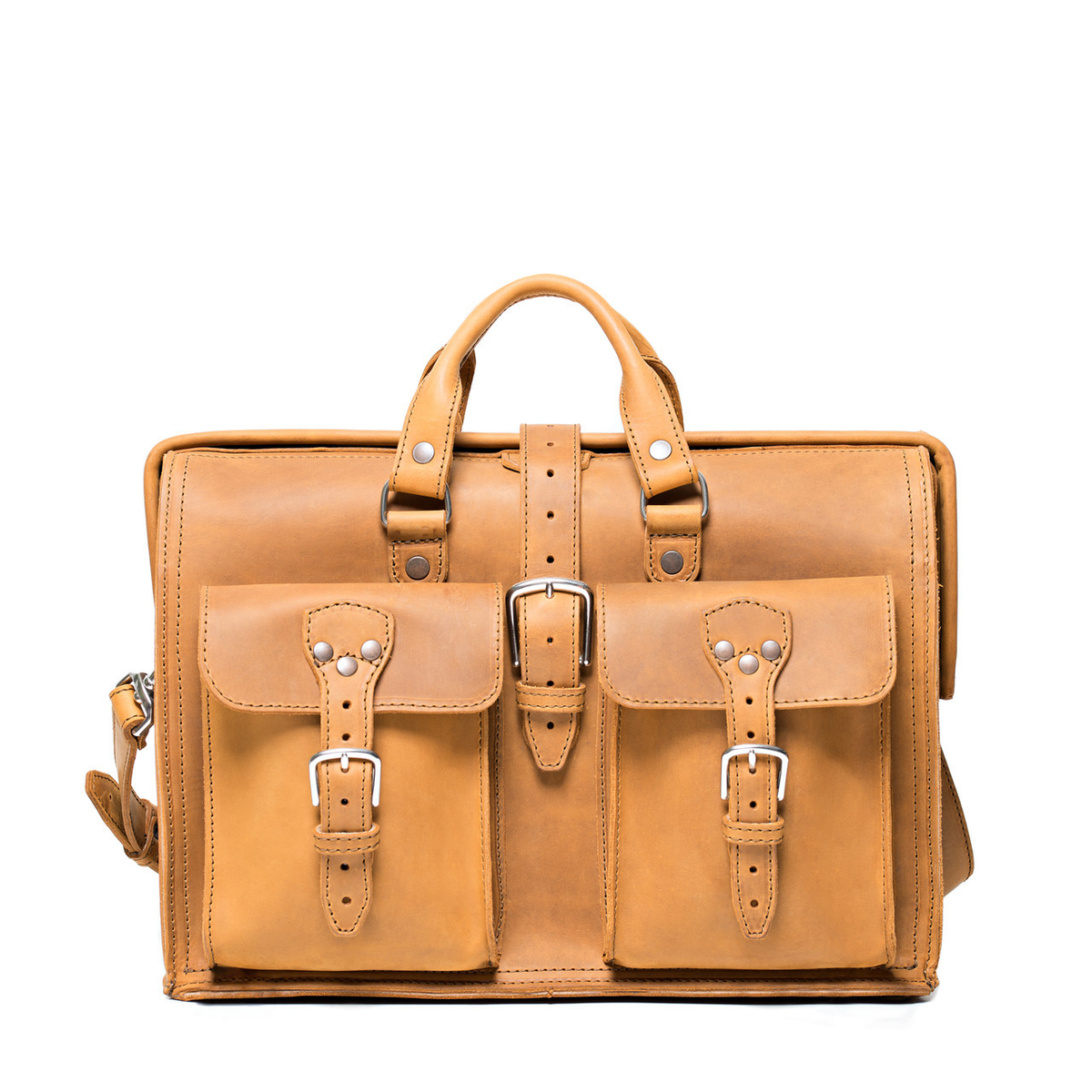 Barrister's Briefcase in Tobacco, front view with top handles, center buckle strap and two buckled front pockets