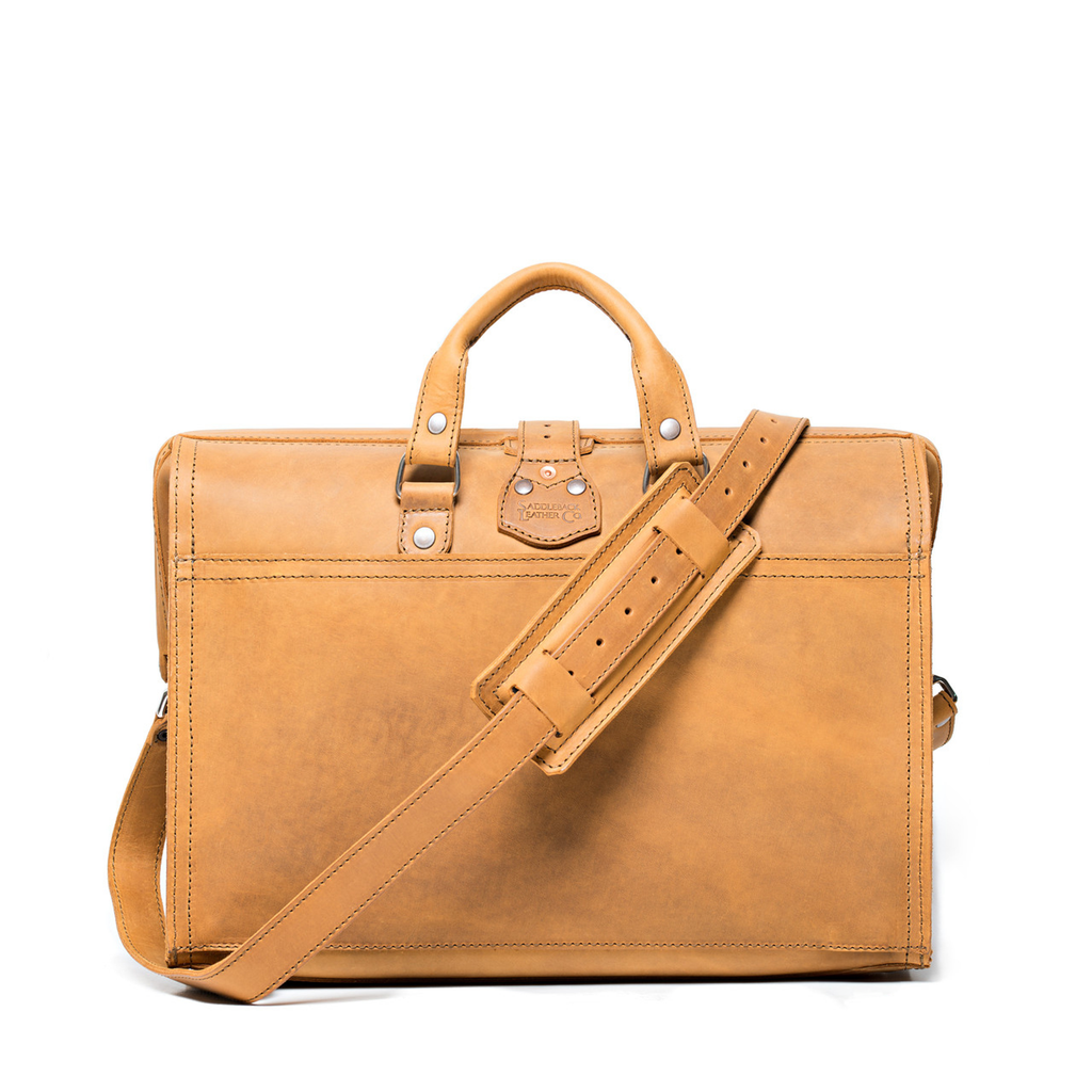 Barrister's Briefcase in Tobacco, back view with top handles and padded shoulder strap across the front