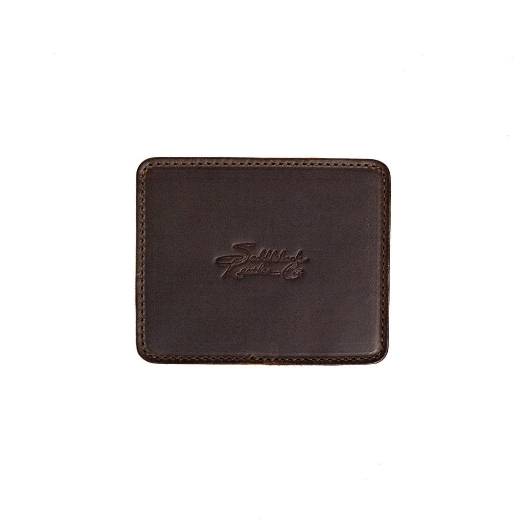 Leather Coaster Set in Dark Coffee Brown, single square coaster with embossed Saddleback logo, top view
