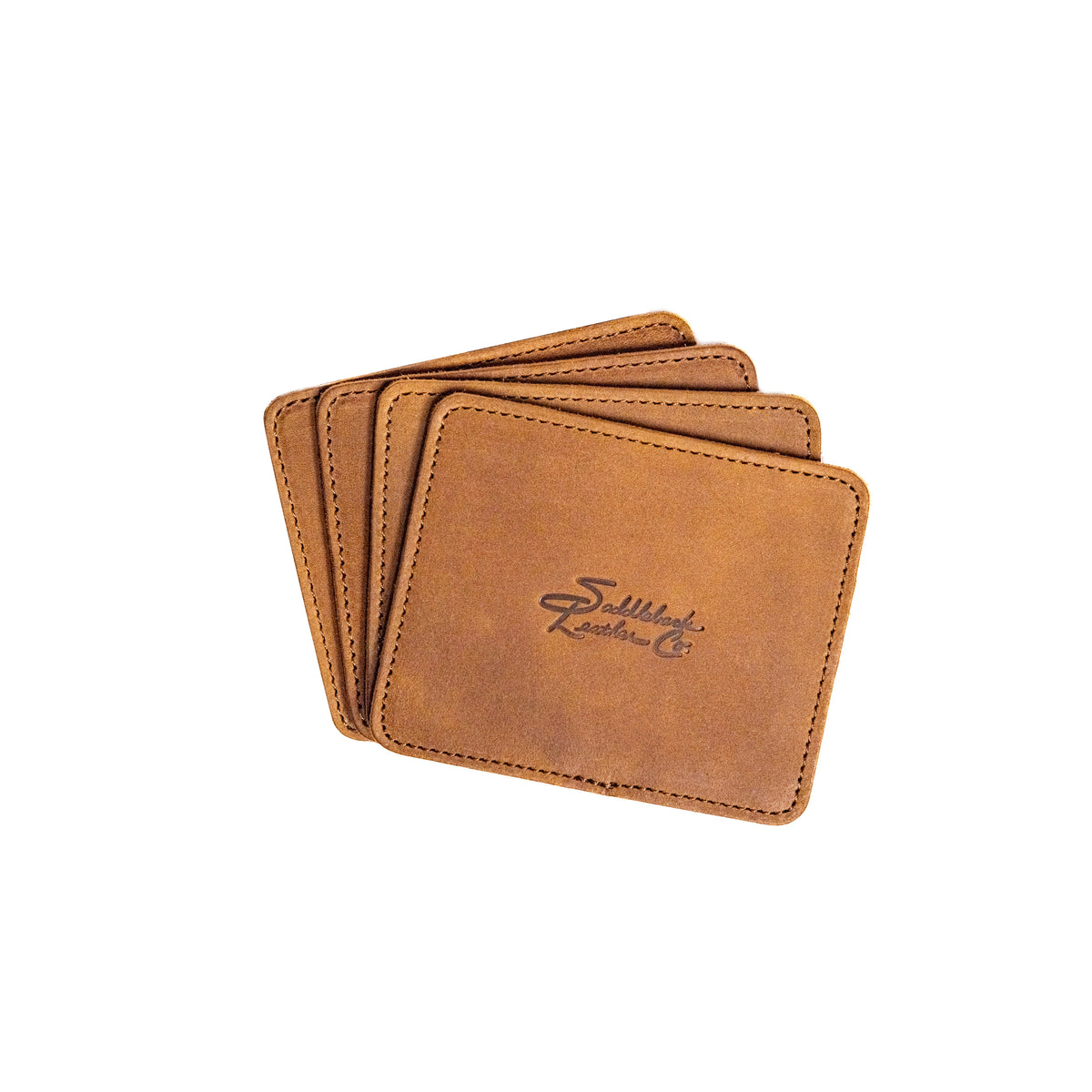 Leather Coaster Set in Tobacco, four fanned coasters with embossed Saddleback logo
