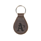 Oakland Athletics Leather Keychain in Dark Coffee Brown with A's logo and silver key ring, front view