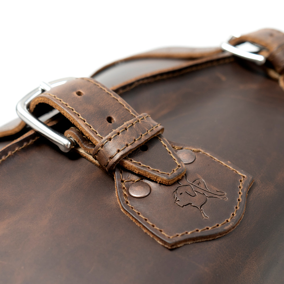 20" Waterbag in Dark Coffee Brown, close-up of steel buckle and riveted tab stamped with the dog logo