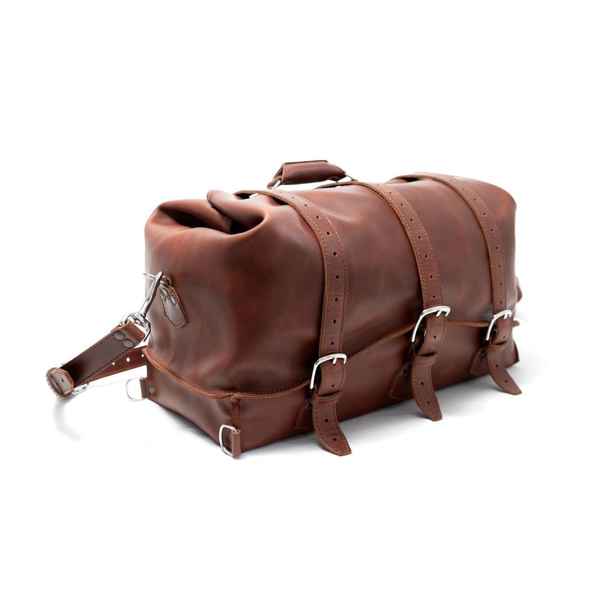 20" Waterbag in Chestnut, angled side view with buckle straps and shoulder strap