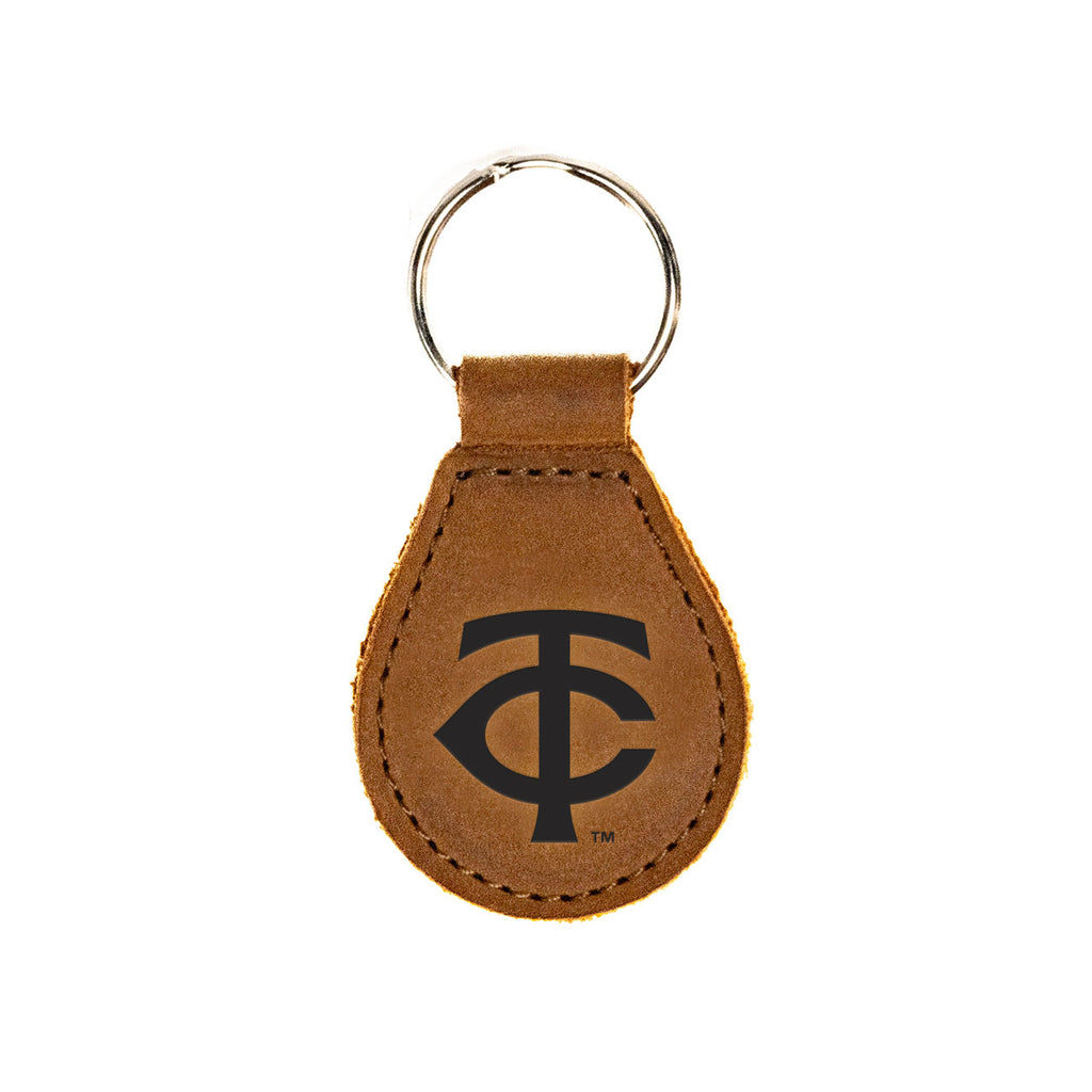 Minnesota Twins Leather Keychain in Tobacco with TC logo and silver key ring, front view