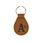Oakland Athletics Leather Keychain in Tobacco with A's logo and silver key ring, front view