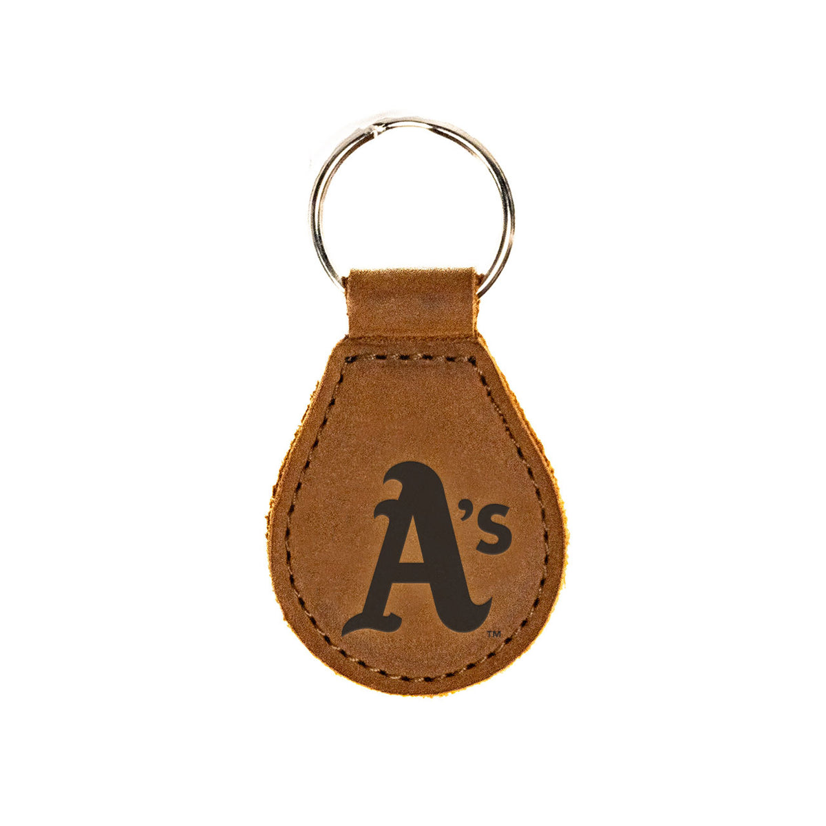 Oakland Athletics Leather Keychain in Tobacco with A's logo and silver key ring, front view