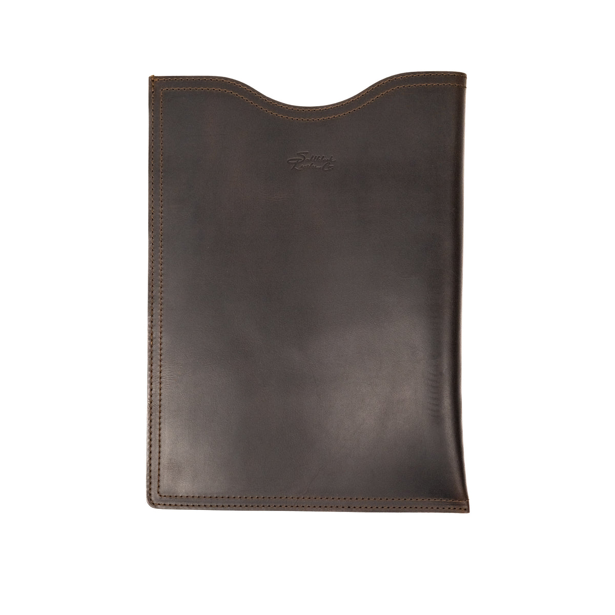 16" Vertical Laptop Sleeve in Dark Coffee Brown, front view with curved top opening and logo
