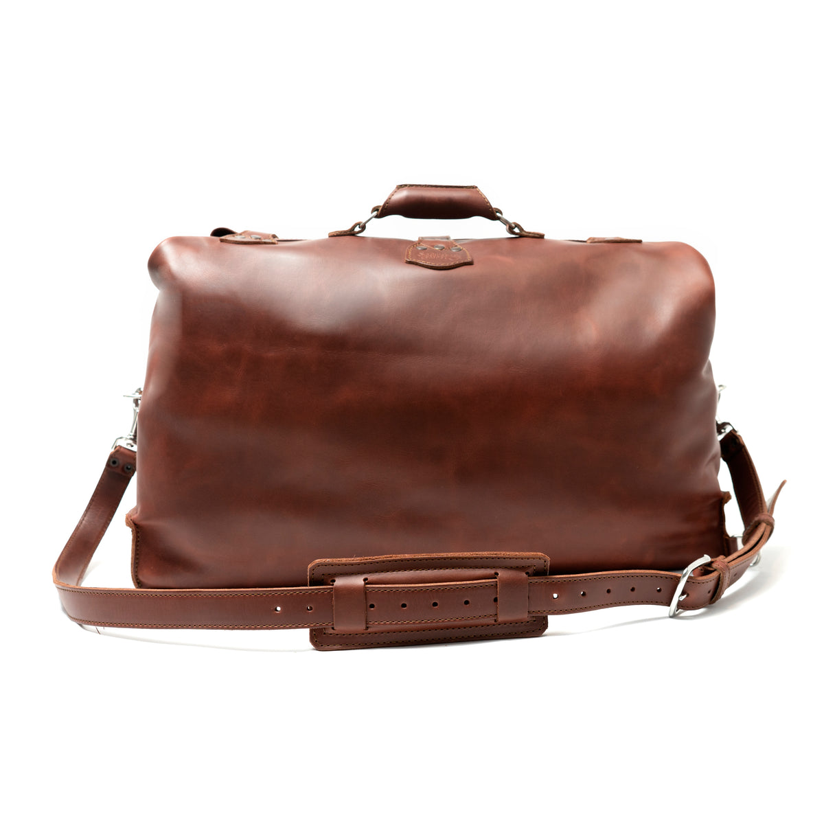 24" Waterbag in reddish brown, back view with smooth panel, top handle and padded shoulder strap