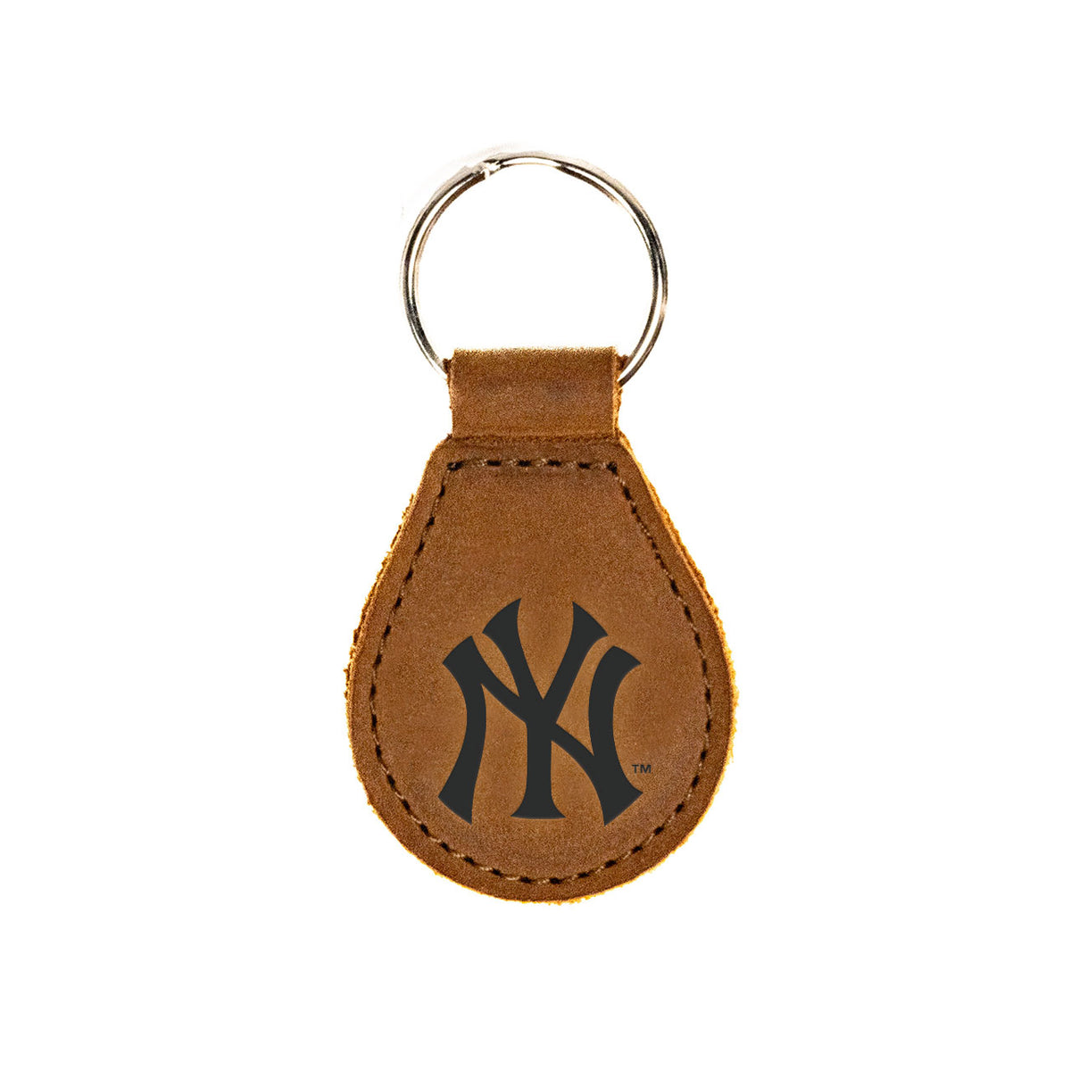New York Yankees Leather Keychain in Tobacco with NY logo and silver key ring, front view