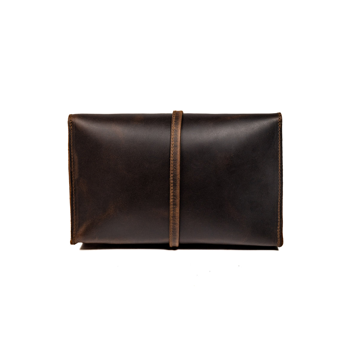 Large Leather Organizer Bag in Dark Coffee Brown, back view with leather tie wrapped around