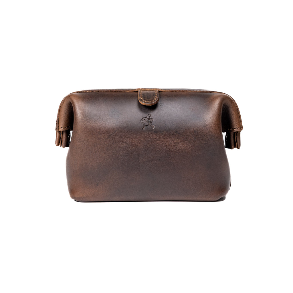 Big Mouth Organizer in Dark Coffee Brown, wide-mouth leather bag with snap tab and embossed logo, back view