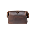 Big Mouth Organizer in Dark Coffee Brown, wide-mouth leather bag with snap tab and embossed logo, back view