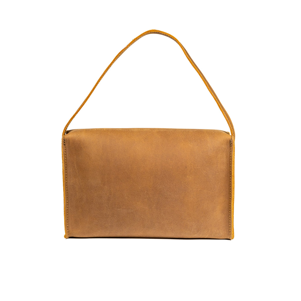 Large Leather Organizer Bag in Tobacco, back view with leather tie looped up as a carry handle