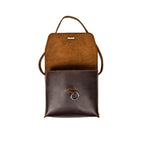 Leather Organizer Bag in Dark Coffee Brown with the flap lifted to show the metal ring and suede underside