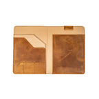 Leather Portfolio - Texas Rangers World Series in Tobacco, open and empty showing pockets and pen loop