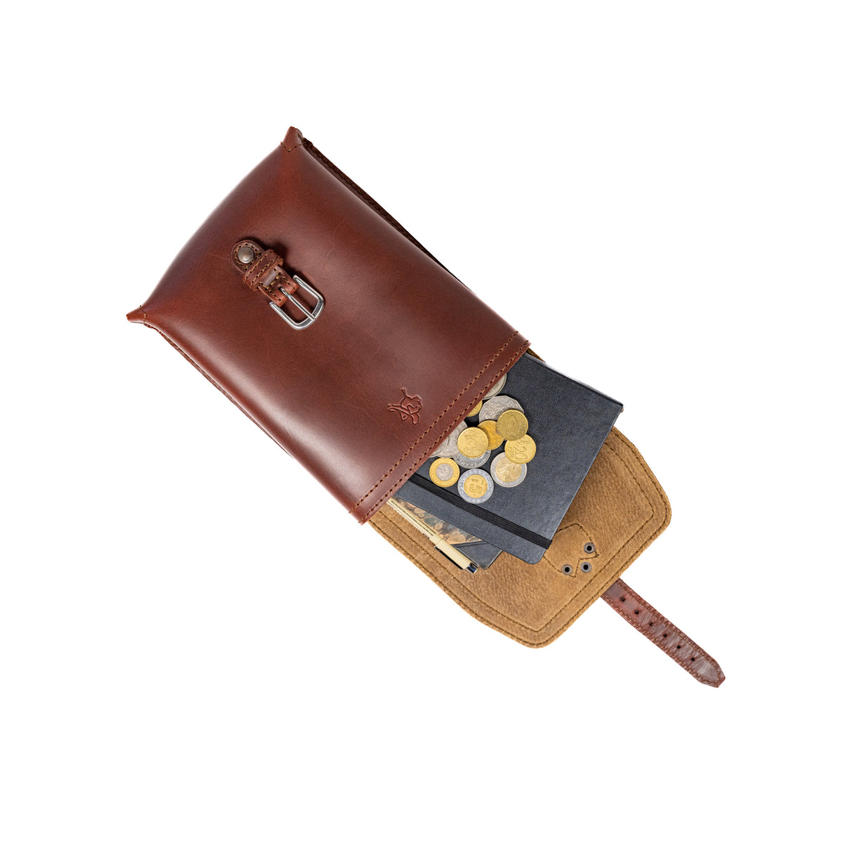 Leather Travel Satchel in Chestnut, top view with flap open showing a black notebook and coins inside