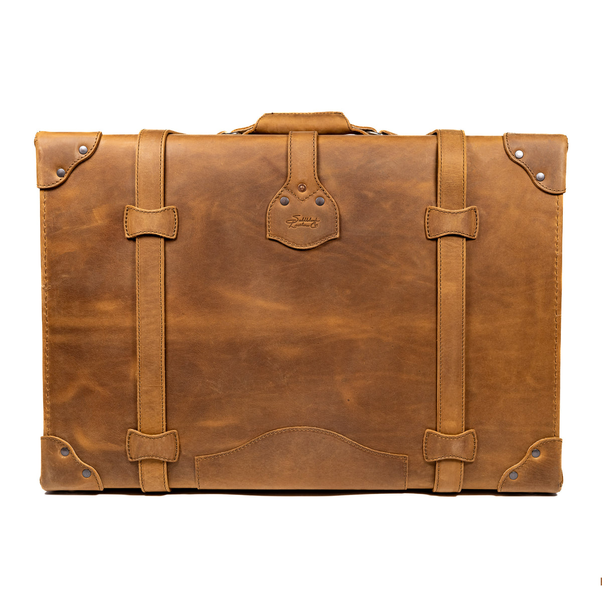 Grandfather Suitcase in Tobacco, back view with top handle, leather straps and riveted corners