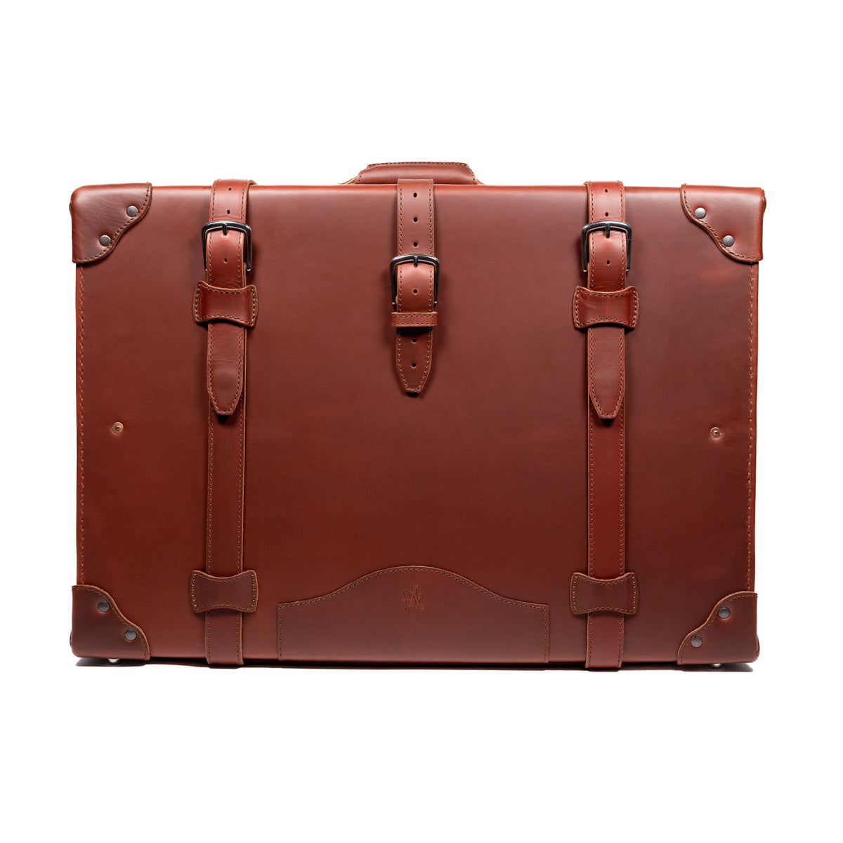 Grandfather Suitcase in Chestnut, front view with three buckle straps and riveted corner caps