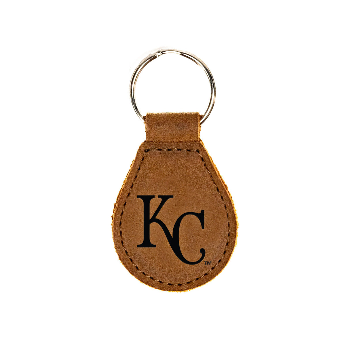 Kansas City Royals Leather Keychain in Tobacco with KC logo and silver key ring, front view