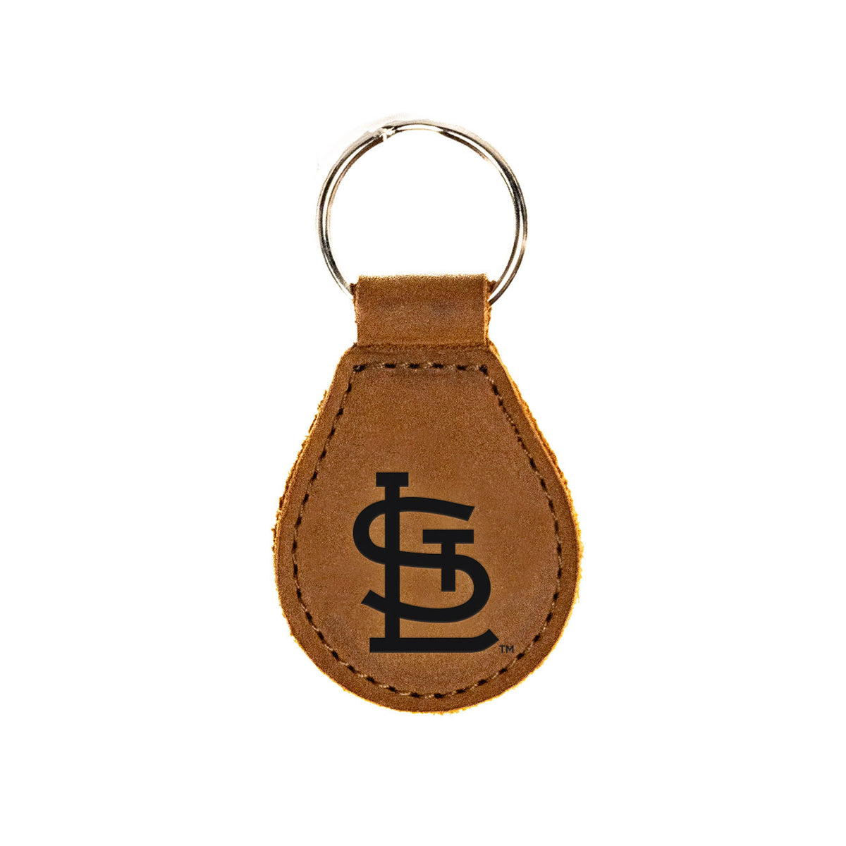 St. Louis Cardinals Leather Keychain in Tobacco with STL logo and silver key ring, front view