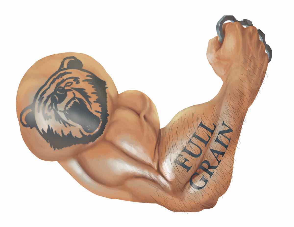 Illustration of a flexed, heavily muscled arm with a bear's head tattooed on the shoulder and FULL GRAIN tattooed down the forearm, the fist wearing knuckledusters.