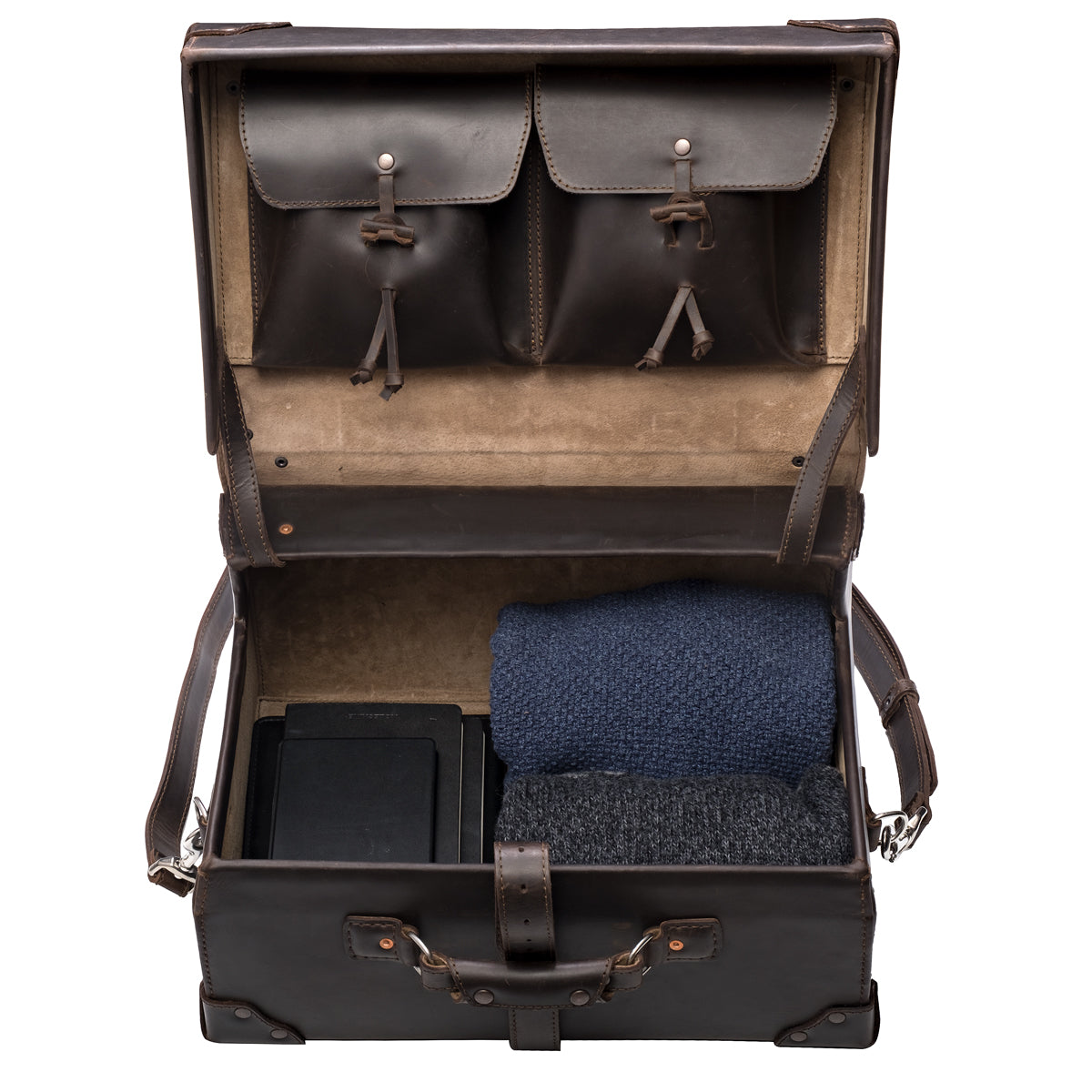 Grandfather Overnight Case in Dark Coffee Brown, open showing lid pockets and packed folded sweaters