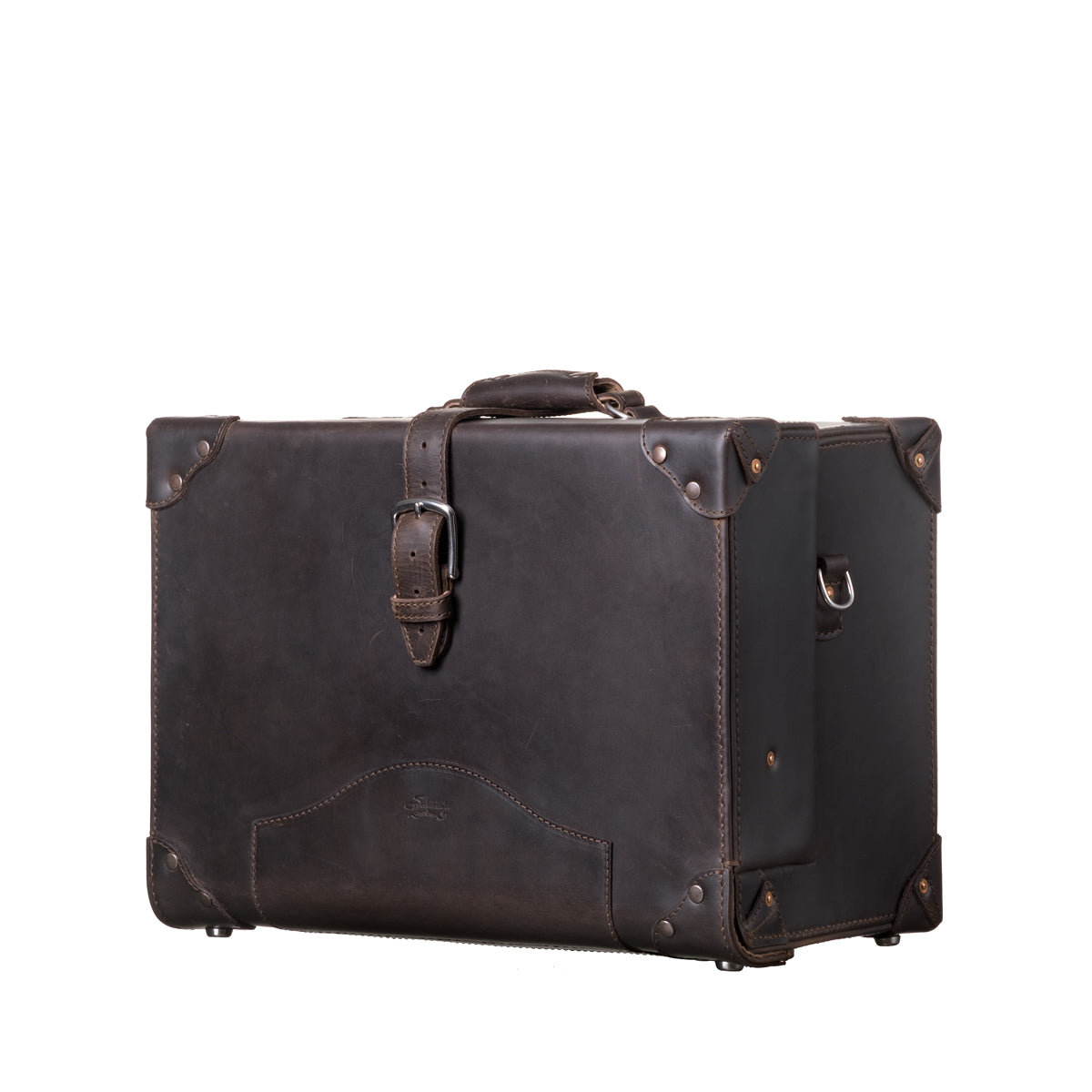 Grandfather Overnight Case in Dark Coffee Brown, angled front view with top handle, buckled strap and metal corner caps