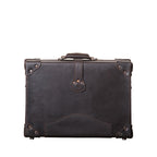 Grandfather Overnight Case in Dark Coffee Brown, back view with top handle, riveted strap tab and metal corner caps