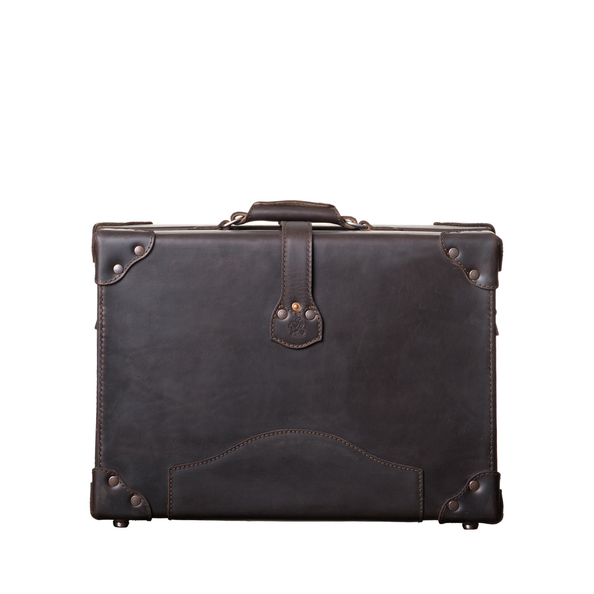 Grandfather Overnight Case in Dark Coffee Brown, back view with top handle, riveted strap tab and metal corner caps