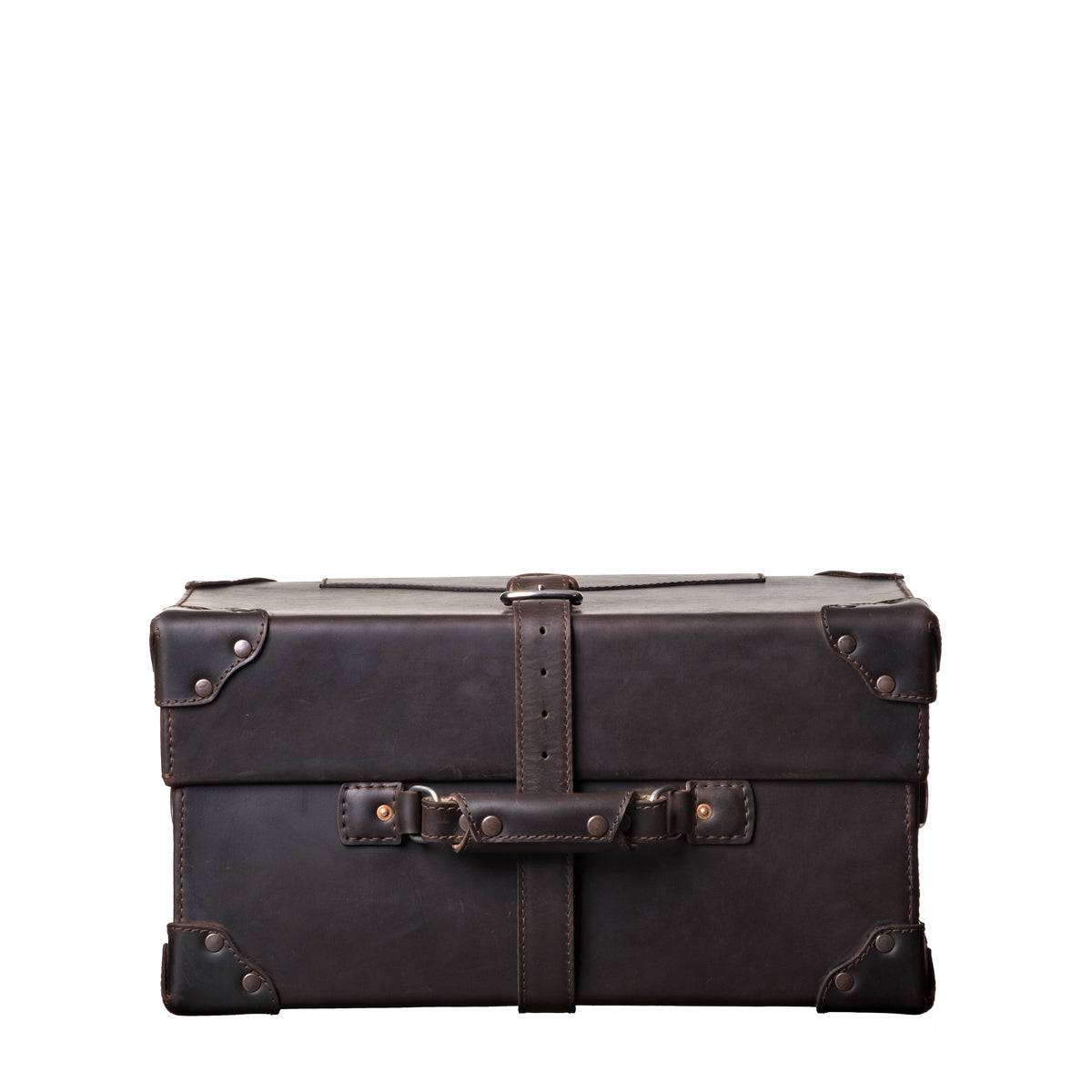 Grandfather Overnight Case in Dark Coffee Brown, side view with side carry handle, strap and metal corner caps