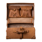 Grandfather Overnight Case in Tobacco, front view with lid open showing two toggle-close lid pockets