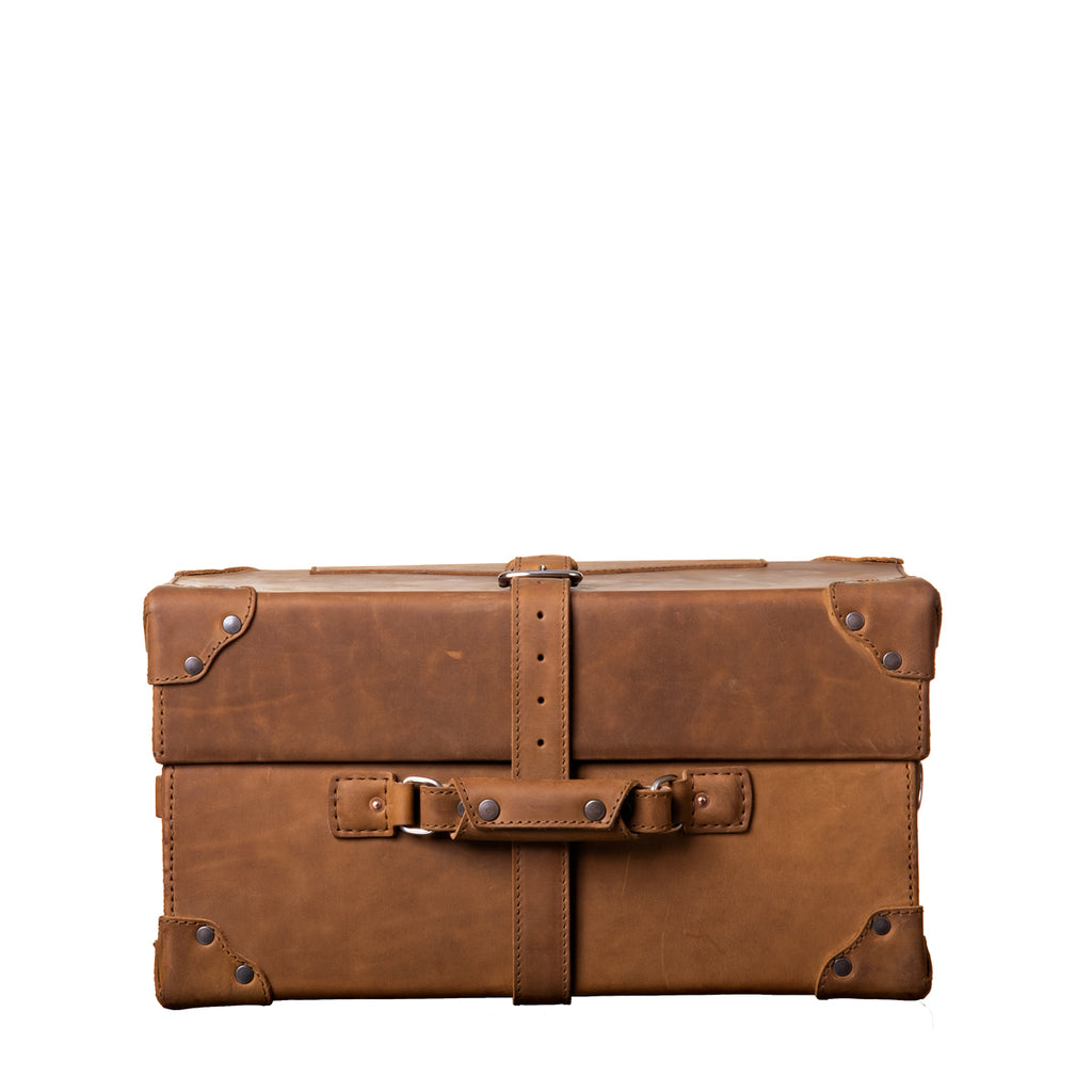 Grandfather Overnight Case in Tobacco, side view with side carry handle, strap and metal corner caps