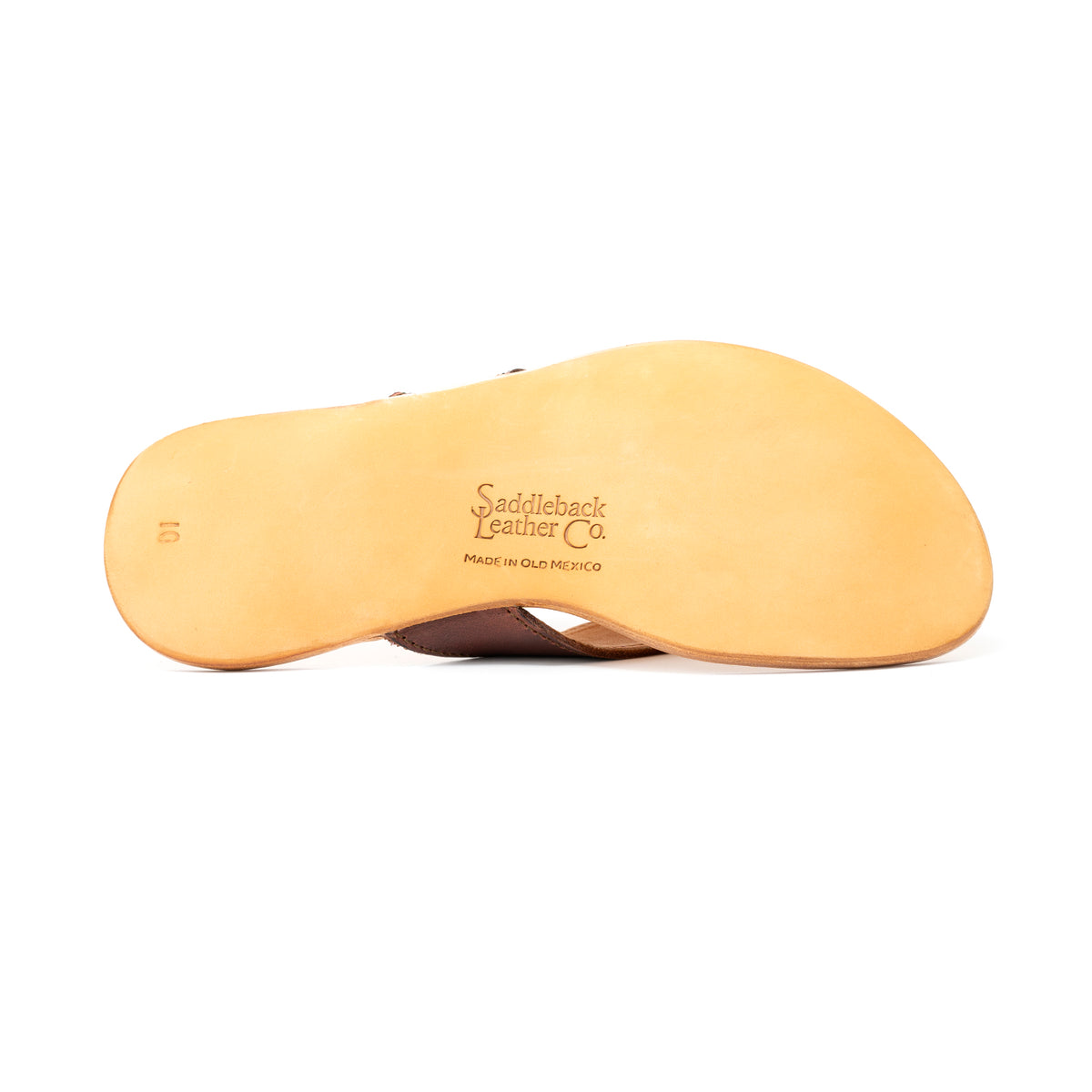 Flip Flops in Chestnut leather, sole underside with embossed Saddleback Leather Co. logo and size stamp