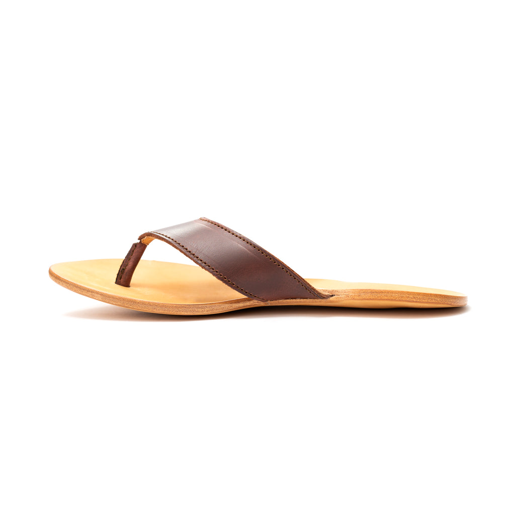 Single Flip Flop in Chestnut leather with natural footbed, side profile view