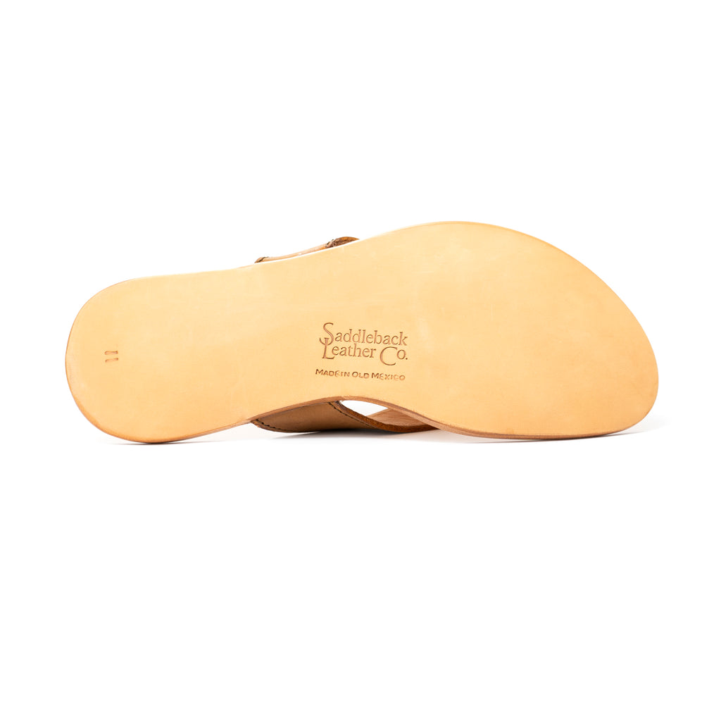 Flip Flops in Tobacco leather, sole underside with embossed Saddleback Leather Co. logo and size stamp
