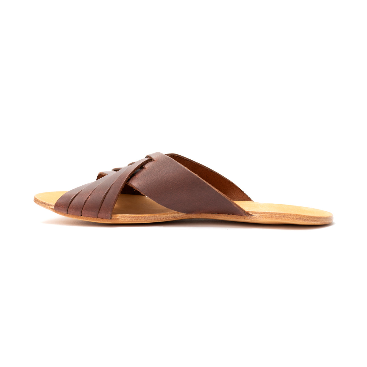 Martha Sandals in Chestnut, inner side profile of a single sandal showing woven straps