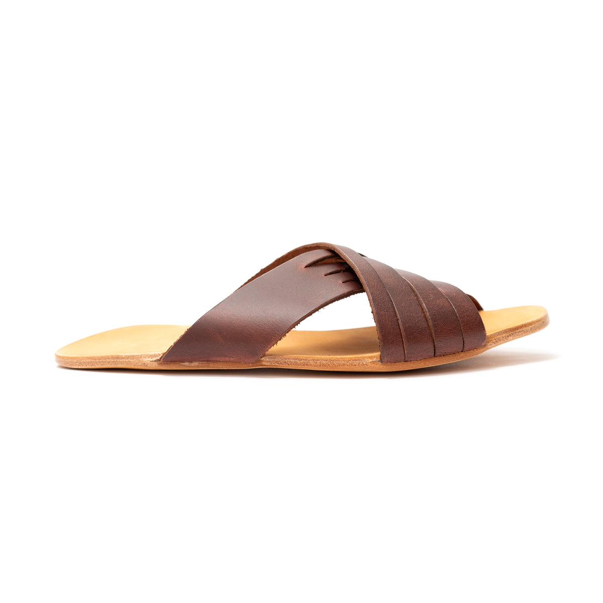 Martha Sandals in Chestnut, outer side profile of a single sandal with flat sole