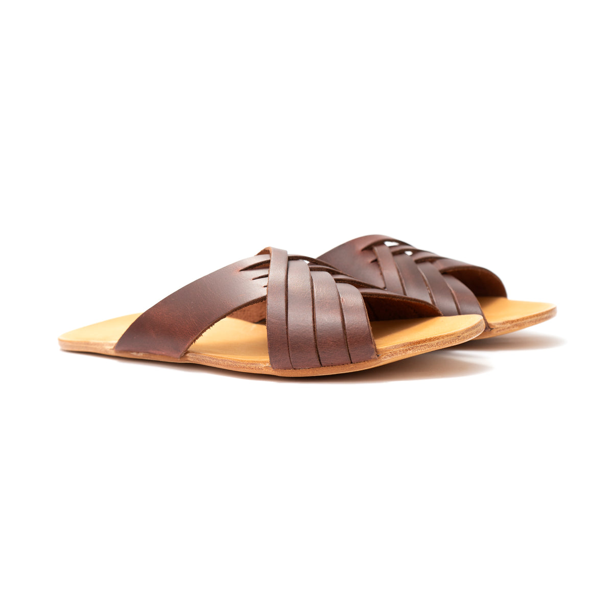 Martha Sandals in Chestnut, front side view of pair placed together with woven straps