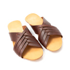 Martha Sandals in Chestnut, angled top view of pair with crisscross woven straps