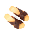 Martha Sandals in Chestnut, top-down view of pair with crisscross woven leather straps