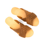 Martha Sandals in Tobacco, top-down view of pair with crisscross woven leather straps