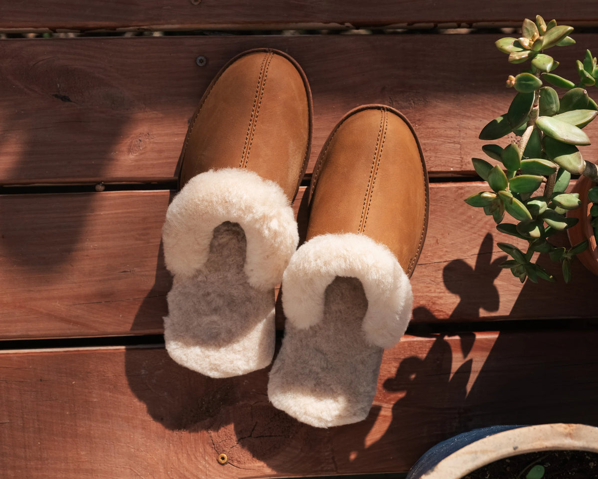 Sheepskin Slippers - Men - New Design in Tobacco, top view of a pair on a sunlit wood deck beside a succulent