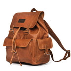 Large Travel Backpack in Bacon, angled front view with flap, front and side pockets