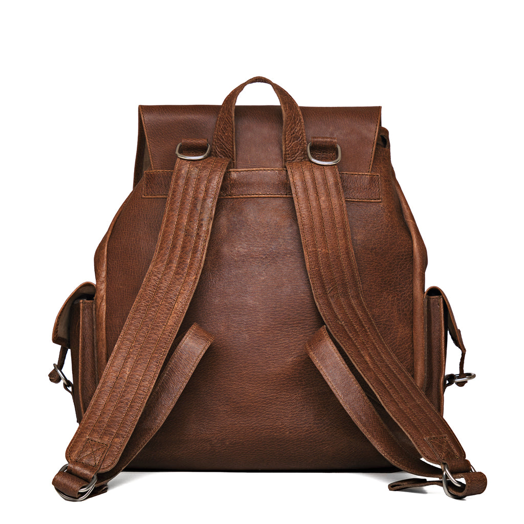 Large Travel Backpack in Burnt Sausage, back view with padded shoulder straps and top handle
