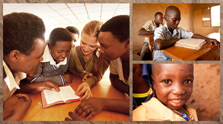 Children reading and writing in a classroom.