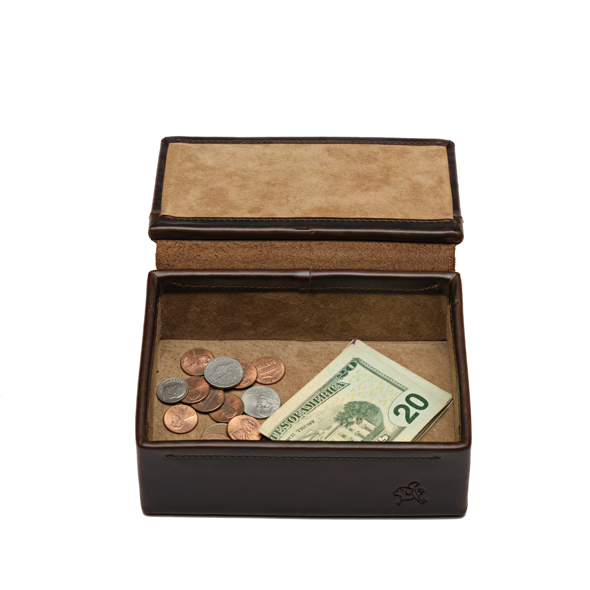 Small Organizer Box in Dark Coffee Brown, open lid showing suede lining with coins and folded cash inside