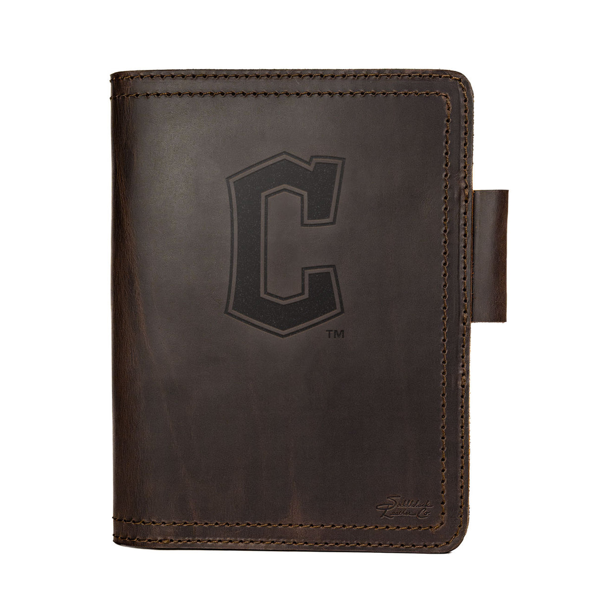Leather Journal Cover - Cleveland Guardians in Dark Coffee Brown, front cover with embossed Guardians C logo and pen loop